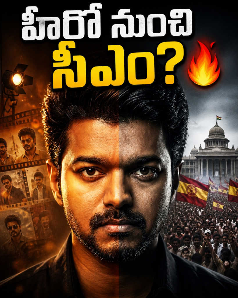 Thalapathy Vijay standing as a triumphant political leader in Tamil Nadu