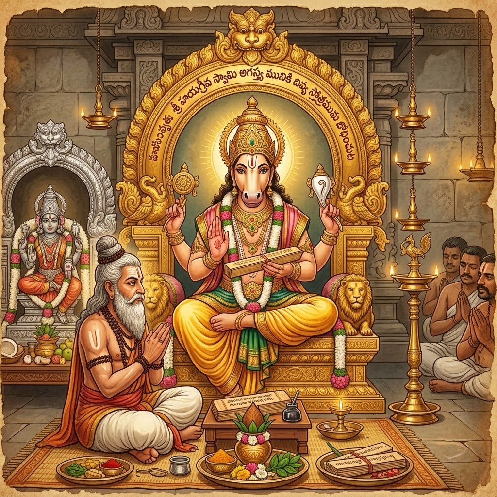 విష్ణువు యొక్క అంశ అయిన శ్రీ హయగ్రీవ స్వామి, ఆ తర్వాత ఈ దివ్య స్తోత్రాన్ని అగస్త్య మహామునికి బోధించారు.